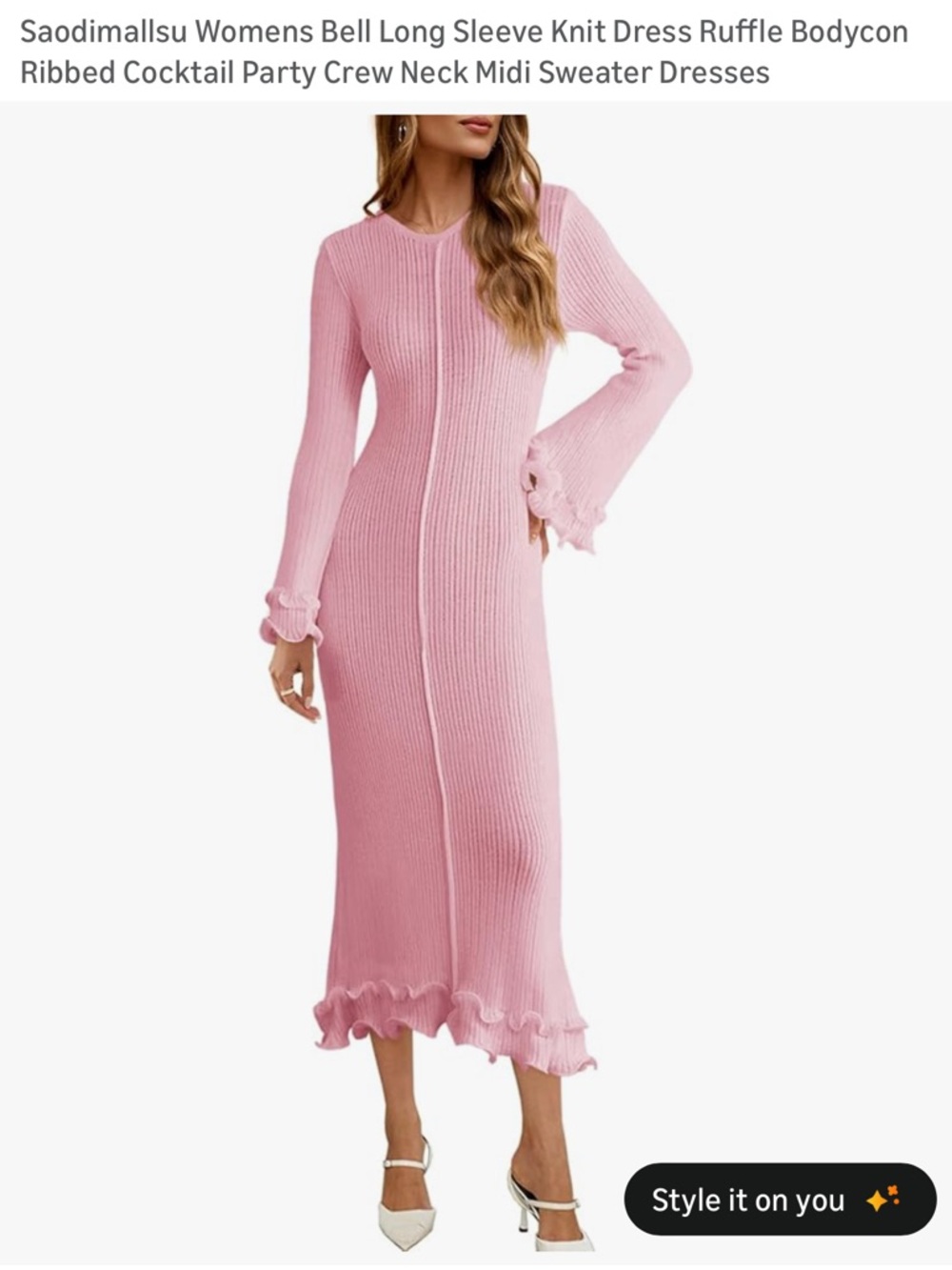 Ribbed Pink Long Sleeve Ruffle Midi Knit Dress